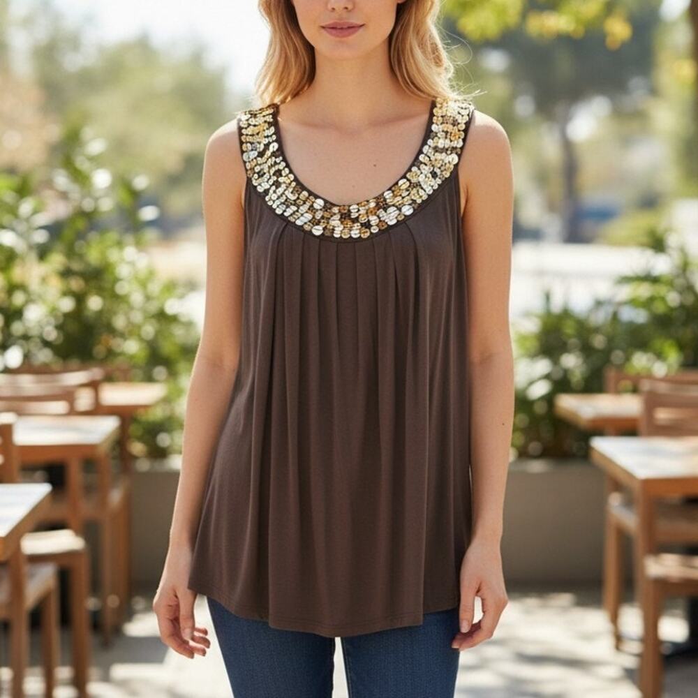 Michael Kors Brown Gold Sequin‎ Top Sz XL Sleeveless Flowy